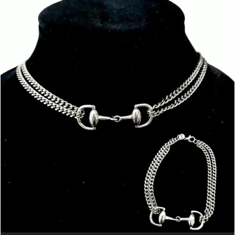 Sterling Silver HorseBit Necklace Bracelet Set Matching Snaffle Stirrup D Ring